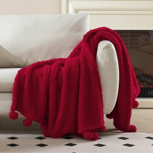 HORIMOTE HOME soft and cozy Sherpa Blanket with Pompoms boho style - Picture 1 of 7